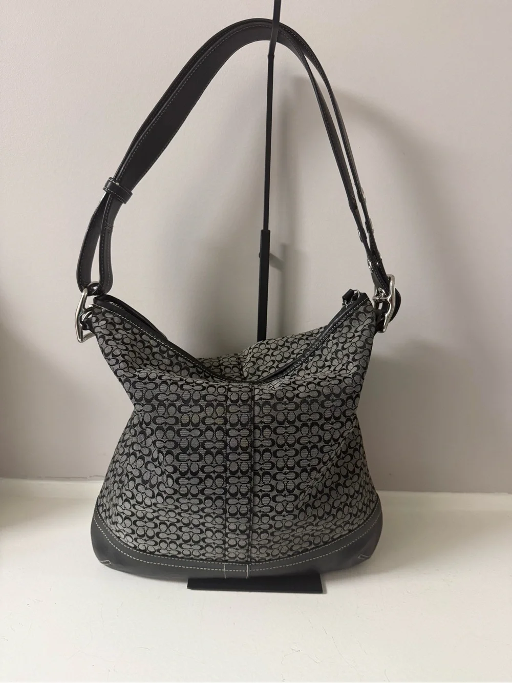 Coach Black and Gray Signature small C HoBo Jacquard Shoulder Bag